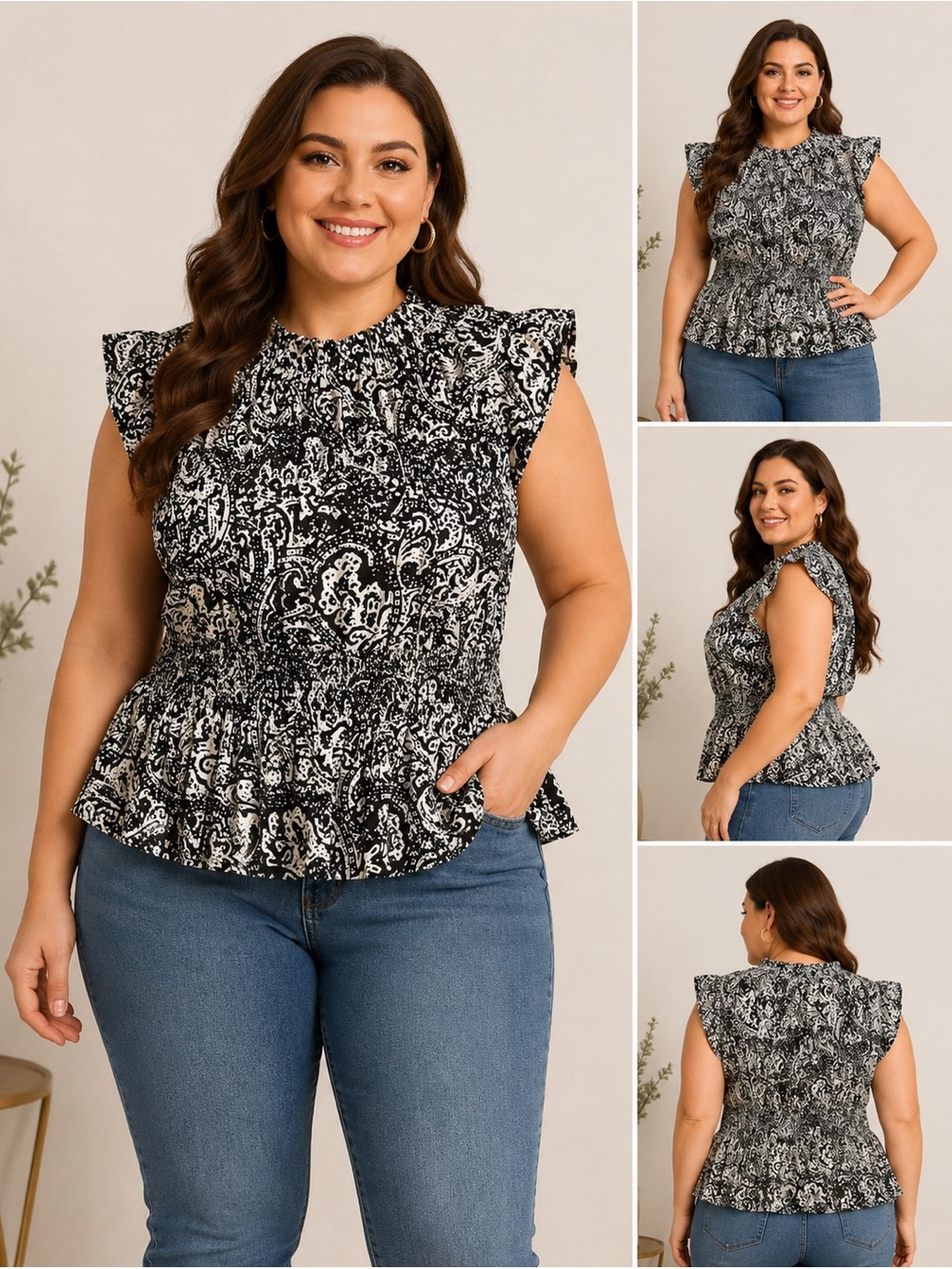 ANA A New Approach Womens XL Peplum Blouse Black Paisley Smocked Waist